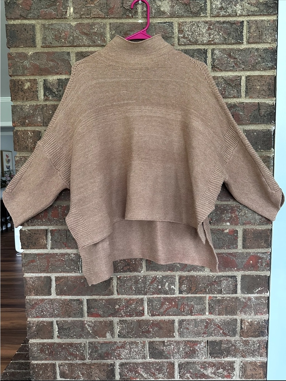 KERISMA Boho Knit Sweater Oversized High Low Mock Neck Top Tan Oat OS